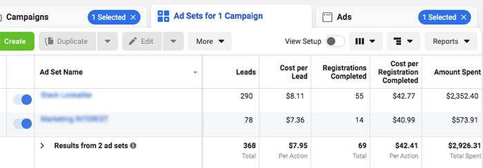 results  facebook ads manager